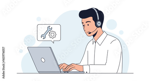 Technical support agent working on laptop delivering customer assistance