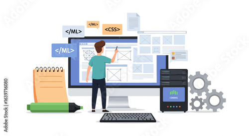 Software development scene showcasing a programmer working on interface design