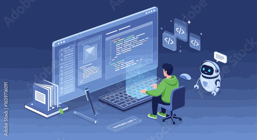 The creative software engineer and AI assistant coding on a desktop setup