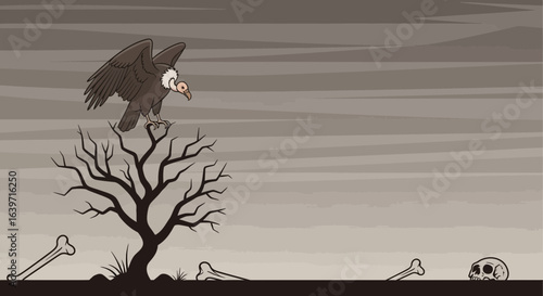 Vulture Perched Atop Bare Tree in Desolate Landscape Illustration