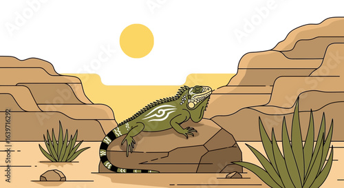 Stylized iguana illustration basking in a desert landscape graphic art