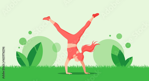 Whimsical Illustration of Active Woman Doing Handstand in Green Space