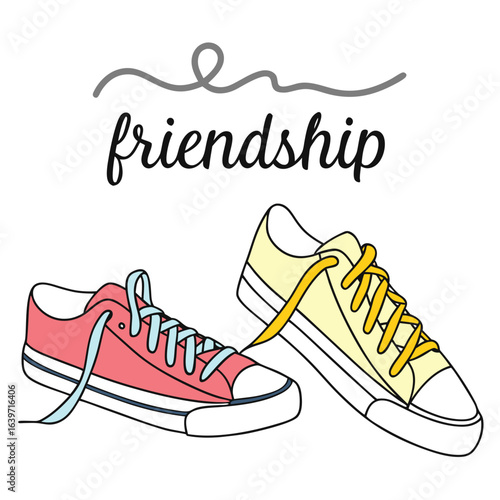 Two colorful canvas sneakers one pink and one yellow tied together symbolizing friendship and connection