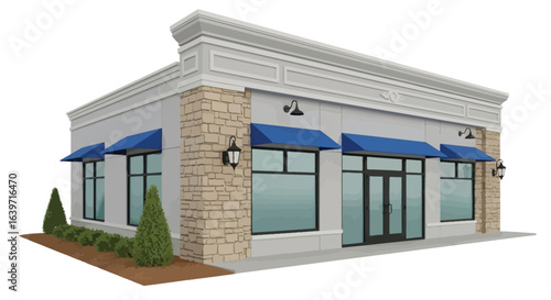 Storefront design with blue awnings and stone facade rendering