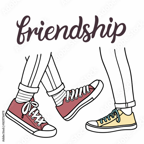 Two friends walking together side by side wearing casual sneakers and rolled up jeans symbolizing companionship and unity