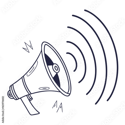 Hand drawn doodle style megaphone with sound waves emanating outwards symbolizing announcement or alert