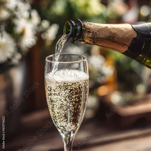 Champagne Pouring into Crystal Glass with Blurred Background