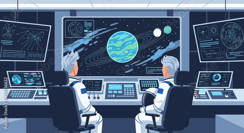 Vectorial representation of astronauts monitoring space activity from a command center