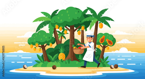 Tropical Getaway: Cheerful Chef Harvesting Exotic Fruits on a Paradise Island
