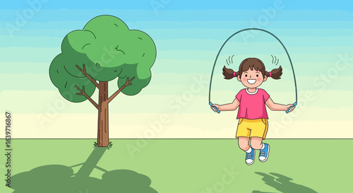 Playful cartoon scene: a young girl enjoys skipping rope in park setting