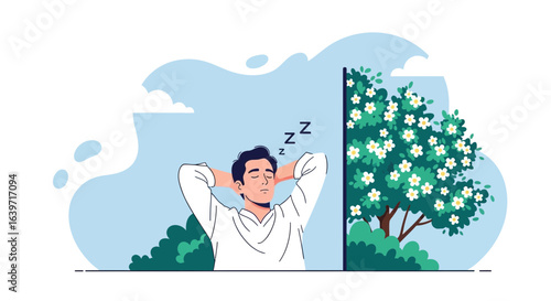Serene daytime nap: Man sleeping outdoors under blossoming tree illustration