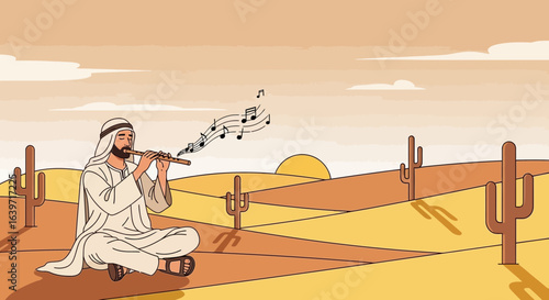 Enchanting melody: Arab man playing flute in arid desert landscape illustration