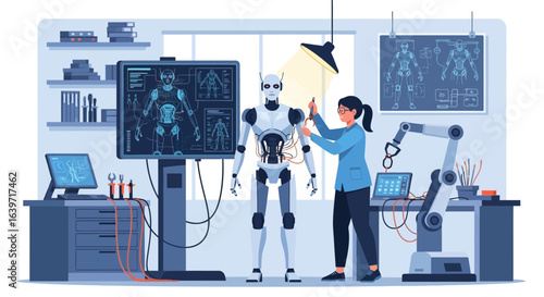 Futuristic laboratory setup: Woman engineers working on humanoid robot construction