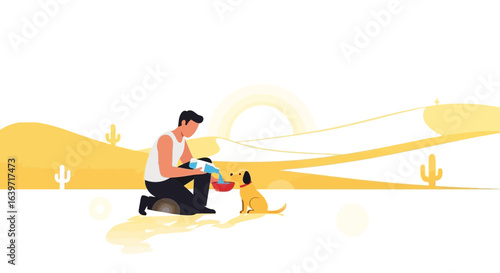 Kindness in the desert: man pours water for his thirsty dog vector art