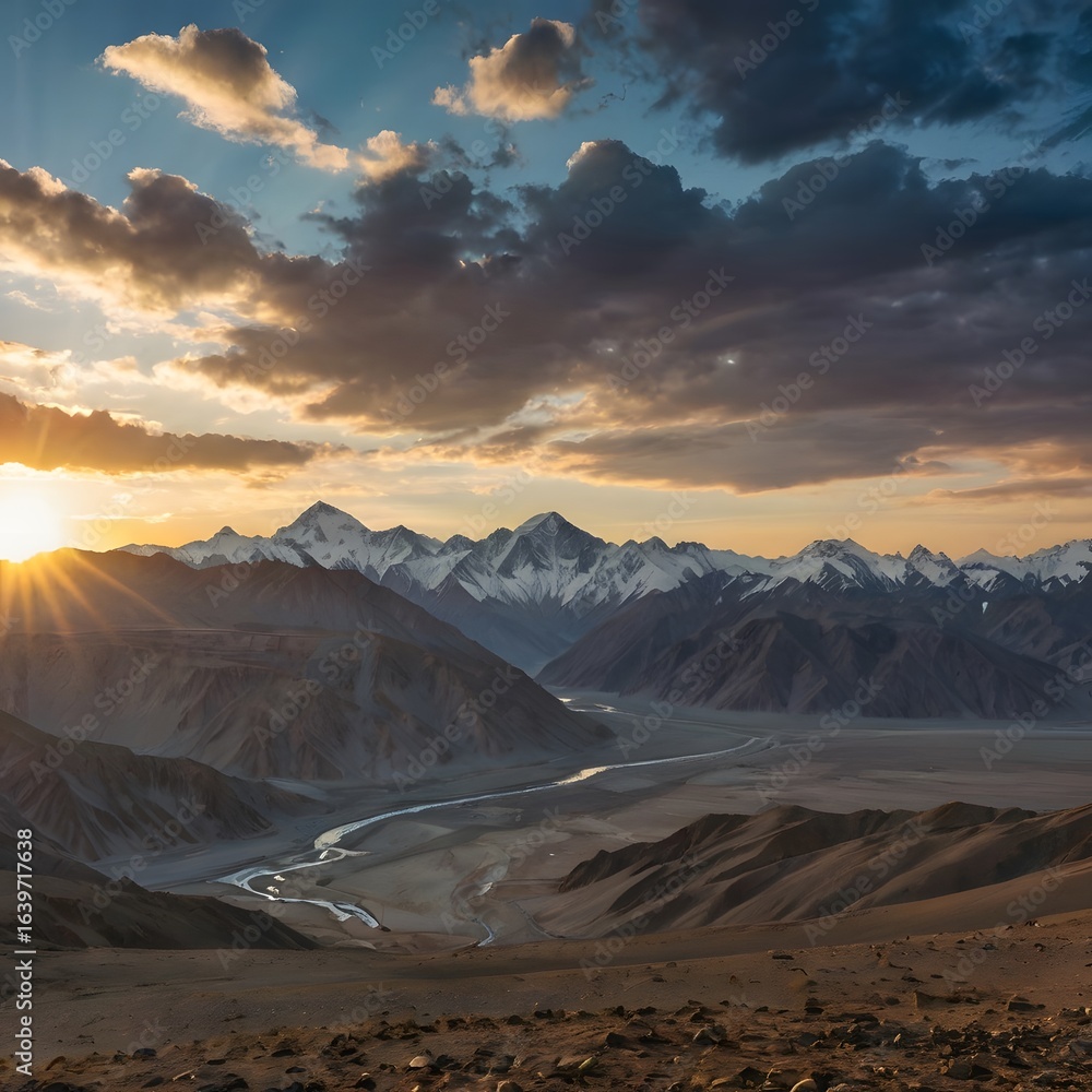 Naklejka premium Sunset over Mountain Valley River