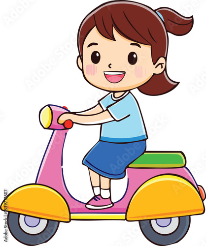 Happy girl joyfully riding a pink scooter.