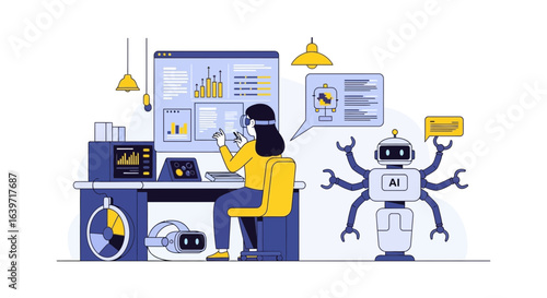 Woman using virtual reality interacting with AI robot in a modern office