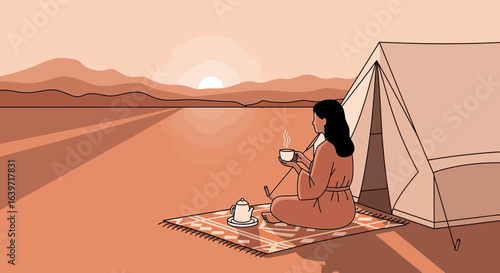 Dreamy desert sunrise retreat: A tranquil camping scene illustration