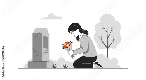 Mourning the Departed: A Woman Kneeling at a Gravesite with Flowers