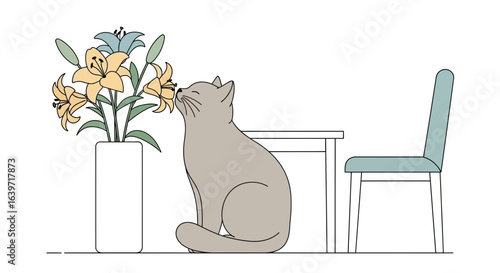 Delightful indoor scene: A cat smelling lilies next to a modern setup