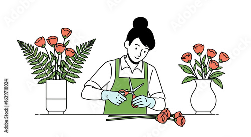 Woman Creating Floral Arrangement with Roses and Ferns in Vases Illustration