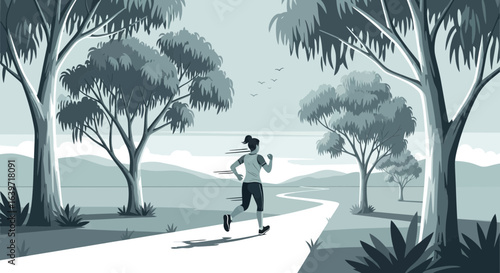Woman jogging through a stylized park landscape for fitness and wellness