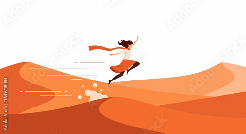 Woman leaping across stylized desert dunes, symbolizing aspiration and freedom