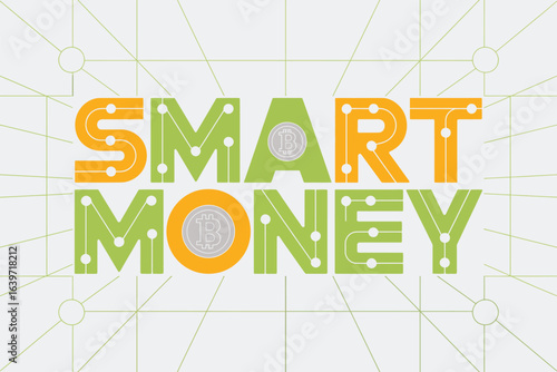 The image displays the words smart money in green and orange with bitcoin symbols on a grid background