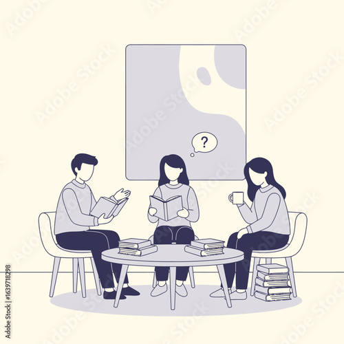 Students Discussing Books, Minimalist Line Art