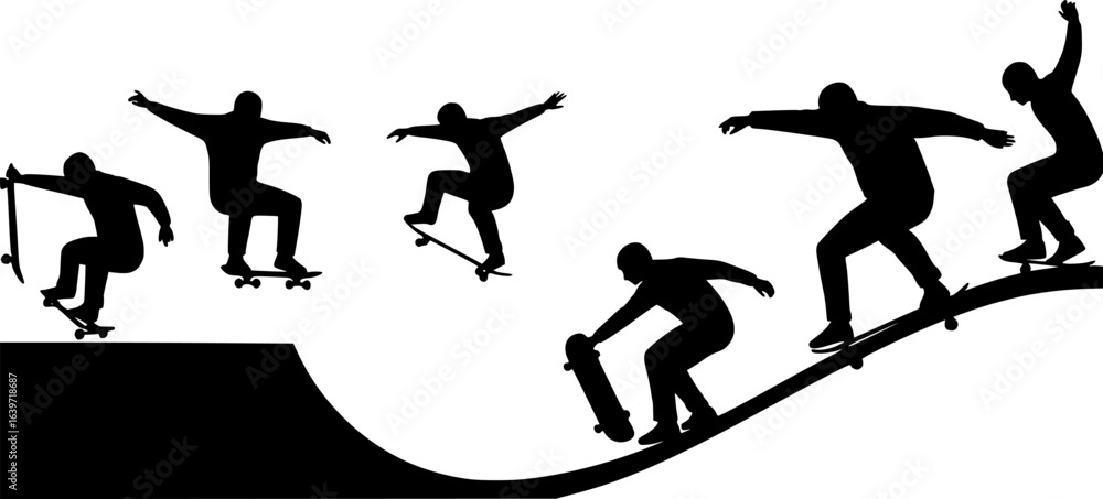Obraz premium silhouettes of people skateboarding, various poses, black and white