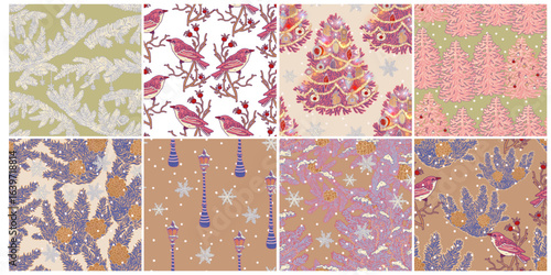 Set of 8 Christmas patterns in bohemian boho style. Holiday illustrations wallpaper with fir tree, snowy landscapes, snowflakes for winter prints
