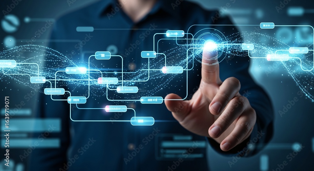 Digital Interface Activation: Man Interacting with Glowing Data Flow Digital Interface Activation: Man Interacting with Glowing Data Flow