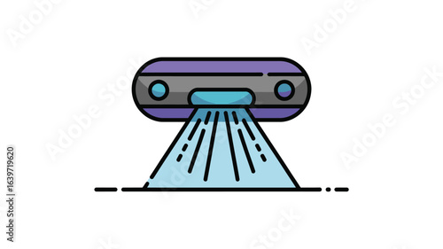 Illustration of a purple and gray air conditioner with blue light emitting from the bottom vent