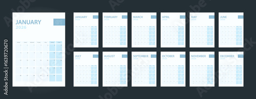 Vertical calendar 2026, set of 12 pages of calendar 2026.