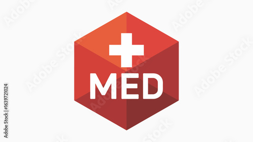 A stylized medical logo featuring a red hexagon, a white plus sign, and the word med in white text