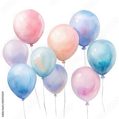 Group of colorful watercolor balloons isolated on transparent background