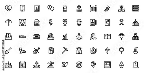 Funeral icon set. Minimal vector symbols. Includes broken heart, Bible, coffin, graveyard, angel, candle, wreath, dove, skeleton, cross, morgue and more. Editable stroke.
