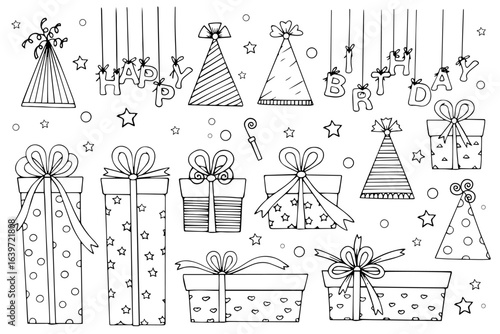 Collection of sketches, doodles of holiday paraphernalia, birthday decor, parties. Vector graphics.