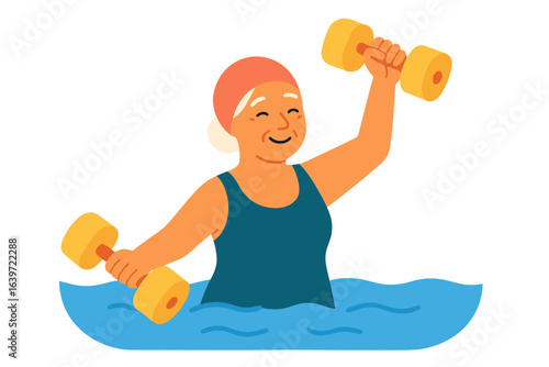 Elderly woman exercising in water with dumbbells and smiling senior woman in water aerobics