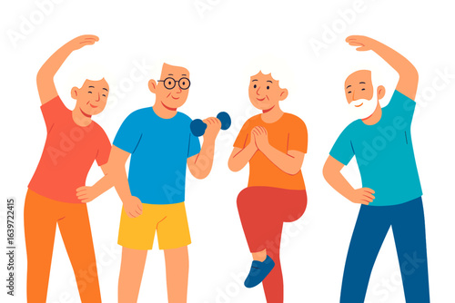 Senior men exercising together in colorful sportswear indoors seniors doing group fitness