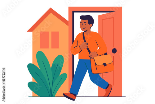 Young man leaving home with a bag and smiling in daytime man leaving house with bag