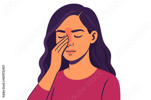 Young woman with long hair rubbing her forehead in frustration woman with sinus pain