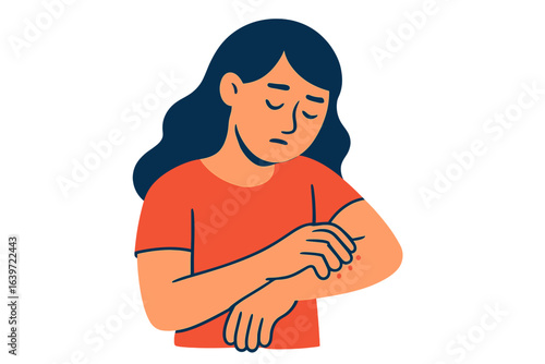 Young woman scratching arm while feeling uncomfortable in red shirt person scratching arm