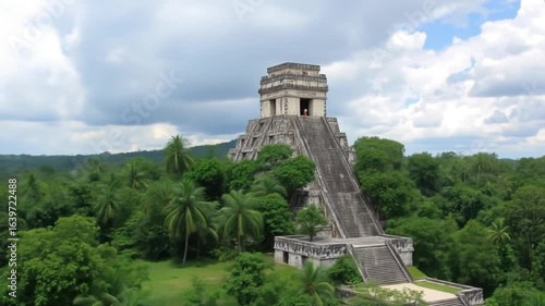 Panoramic view of Ancient Mayan Ruins at Palenque surrounded by a lush jungle
