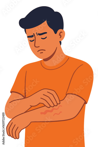 Young man scratching his arm with skin irritation in orange shirt man scratching arm