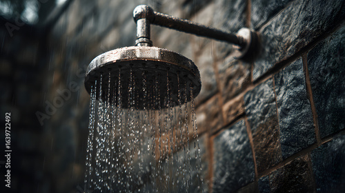Rain shower head with water stream frozen mid-fall