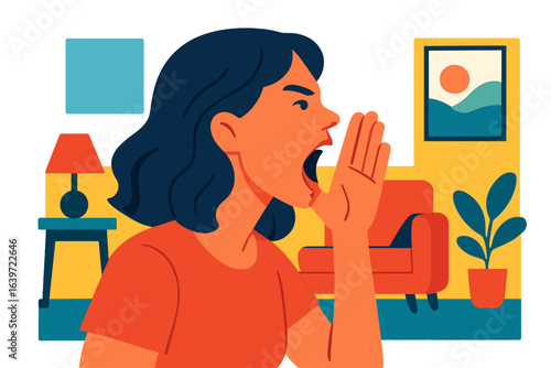Woman yelling while sitting in living room with colorful decor woman shouting in living room