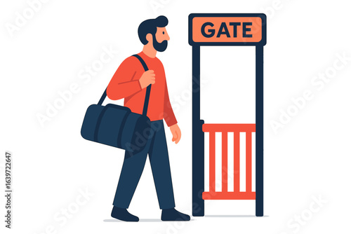 Man walking with duffel bag toward gate in modern illustration man standing at gate with bag