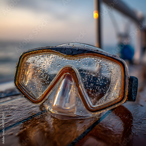 Snorkel mask on boat deck with tempered glass reflection