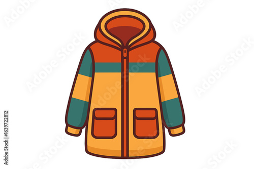 Colorful winter jacket with hood in orange and green design parka coat zipped